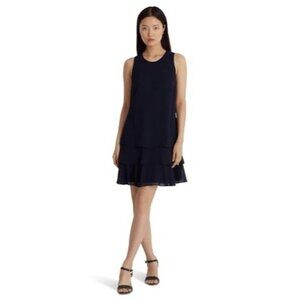 Lauren Ralph Lauren Size 8 Navy Crinkle Georgette Shift Tiered Dress NEW